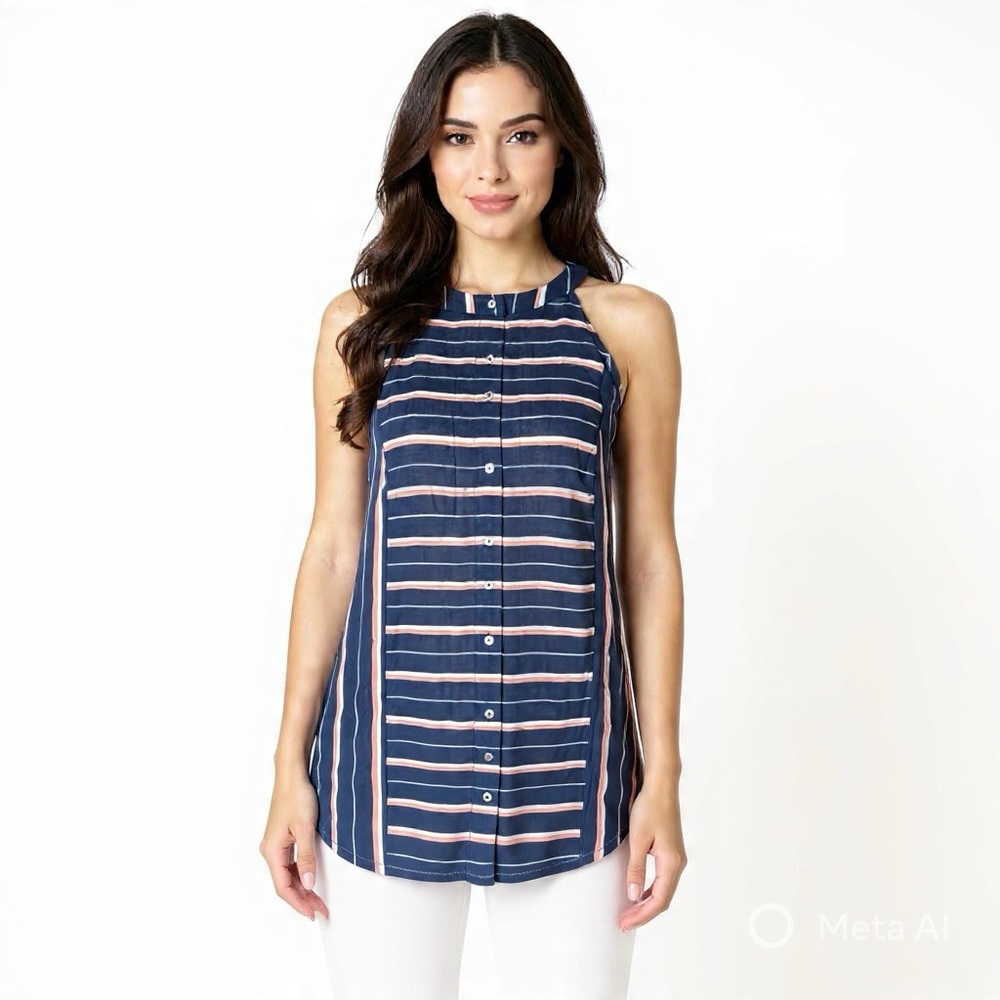 Doe & Rae Boutique Navy Striped Sleeveless Button Front Top Size M and L NWT